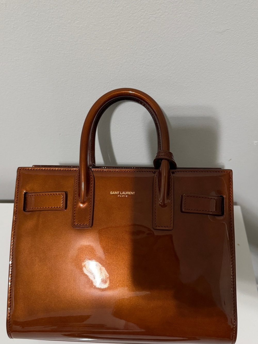 Saint Laurent Glossy Cognac Patent Leather Tote